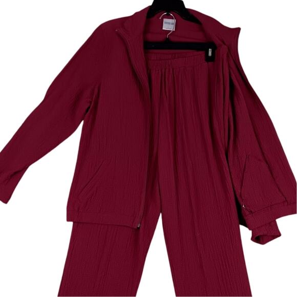 Bedford Fair Vintage Track Suit Set Womens Large Maroon Crepe Fabric Fall Casual - Picture 1 of 16